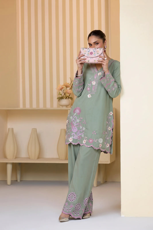 Mulaqaat By Amna Khadija Embroidered Cotton Stitched 2 Piece Co-Ord Set - AKMEC-10 - AM26MULQD3 - Pista Green - Summer Collection