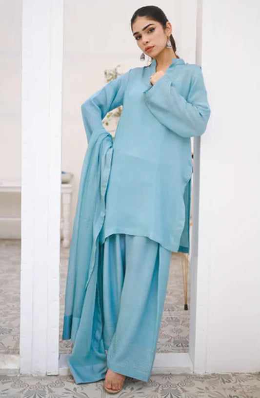 Zauk Casual Rawsilk Stitched 3 Piece Suit - Cyan - ZK25EE - Blue - Festive Collection