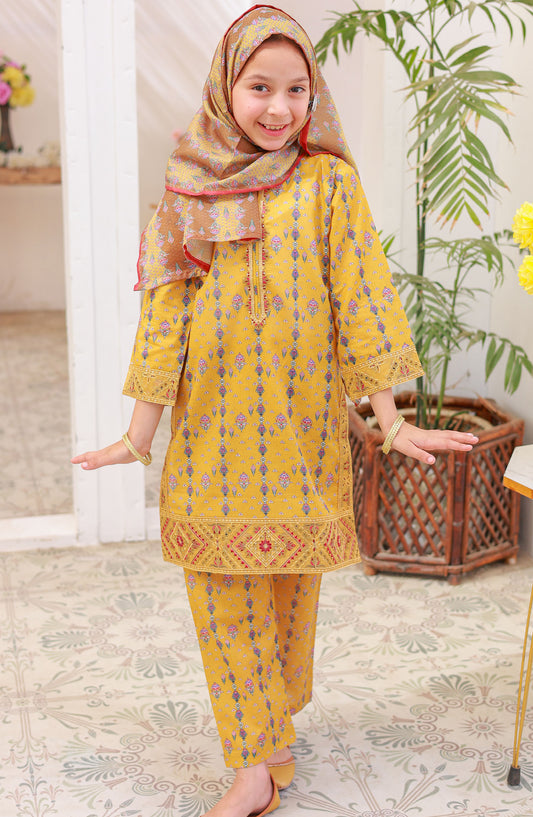Suntex Fabric Embroidered Lawn Stitched 3 Piece Suit - SH-2535K - SS25EEFE - Yellow - Girls Eid Collection