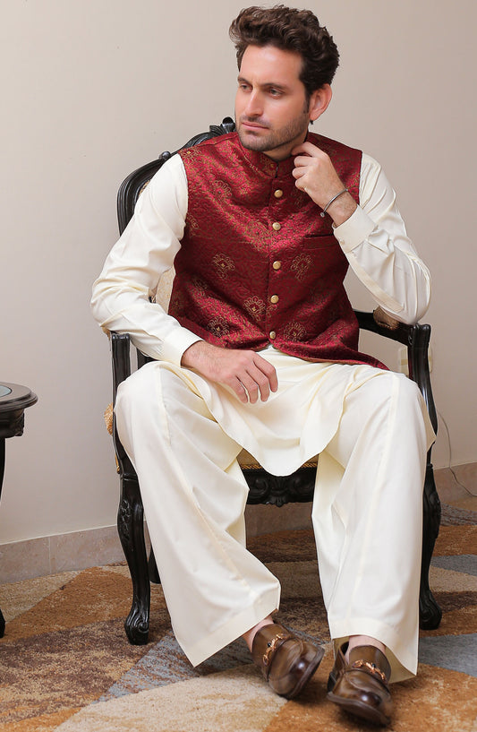 Real Image Mens Waist Coat - Maroon - Masoori - RL25MWC - OW 1