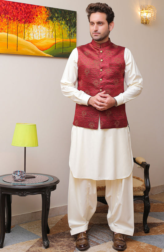 Real Image Mens Waist Coat - Maroon - Masoori - RL25MWC - OW 1