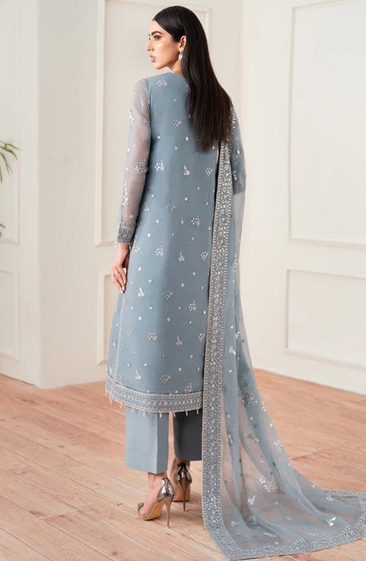 Farasha Luxury Essence Formals Embroidered Chiffon Unstitched 3 Piece Suit - Aqua Bliss - FSH25EF - Sky Blue - Festive Collection