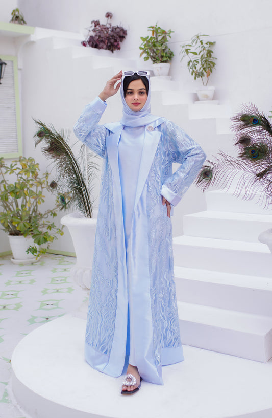 La Khilaba Luxury Wear Printed Premium Embroidered Polyester Net - Blue Luxe Abaya - LKH25LWR - Abaya Collection