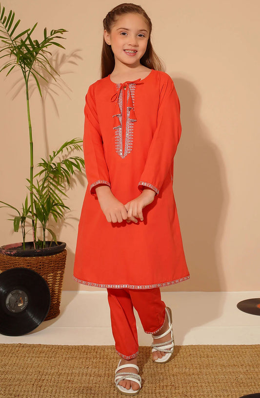 Cotton Embroidered 2 Piece Suit - EMC-9 - OCH25CO - Orange - Summer Collection