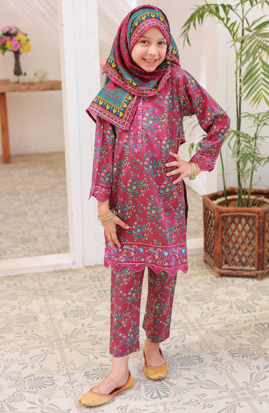 Suntex Fabric Embroidered Lawn Stitched 3 Piece Suit - SH-2536K - SS25EEFE - Majenta - Girls Eid Collection