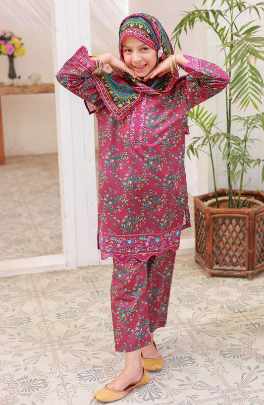 Suntex Fabric Embroidered Lawn Stitched 3 Piece Suit - SH-2536K - SS25EEFE - Majenta - Girls Eid Collection