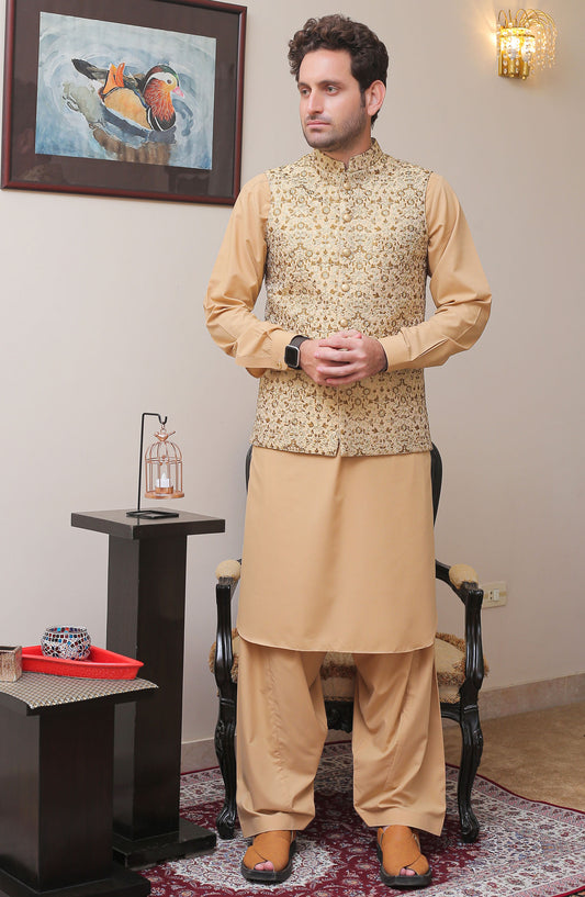 Real Image Mens Waist Coat - Gold - Jamawar - RL25MWC - OW 2