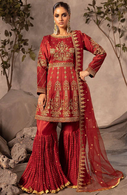 Abrish By Diara Couture Embroidered Organza Stitched 3 Piece Suit - UA-07 Zarifa - DC25AB - Maroon - Formal Collection