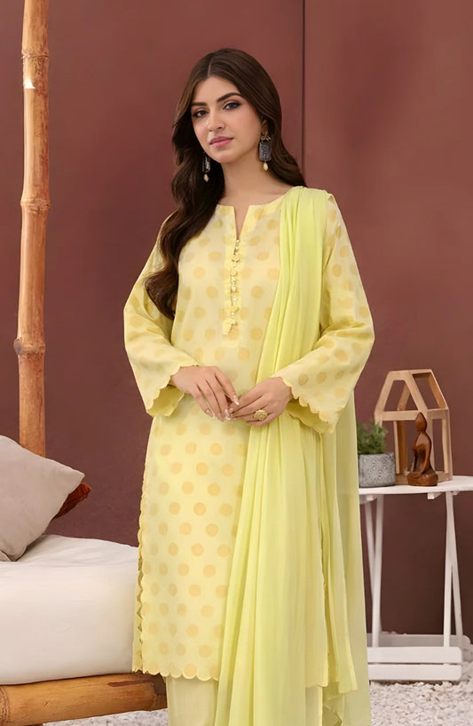 Ayla Printed Lawn Jacquard Stitched 3 Piece Suit - Lemon Baft - AY26ED - Yellow - Eid Collection