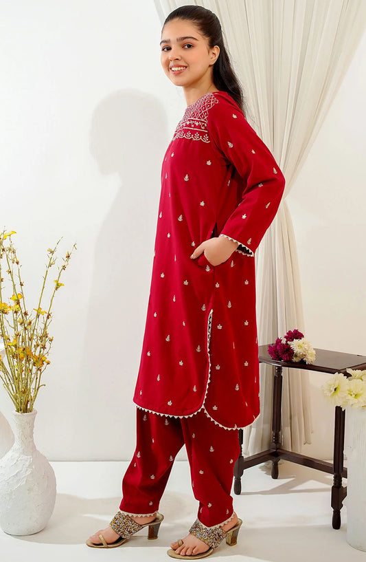 Cotton Embroidered 2 Piece Suit - EMC-8 - OCH25CO - Maroon - Summer Collection