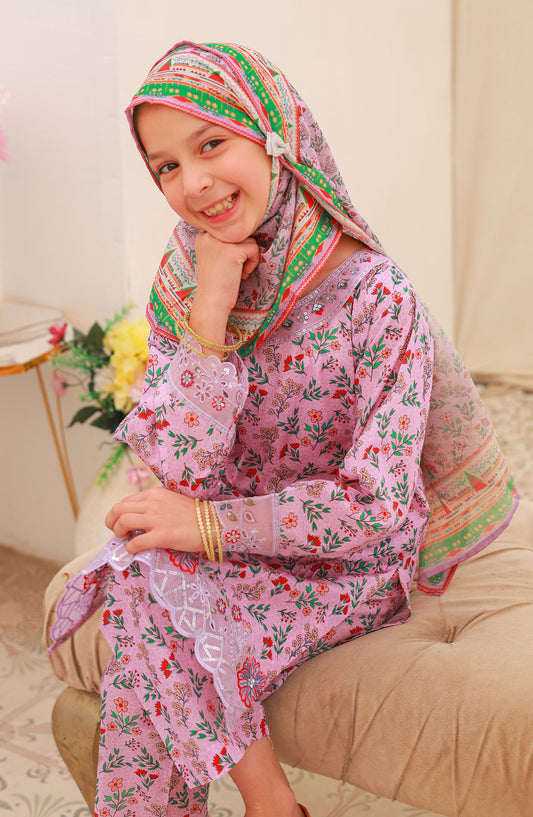 Suntex Fabric Embroidered Lawn Stitched 3 Piece Suit - SH-2537K - SS25EEFE - Pink - Girls Eid Collection