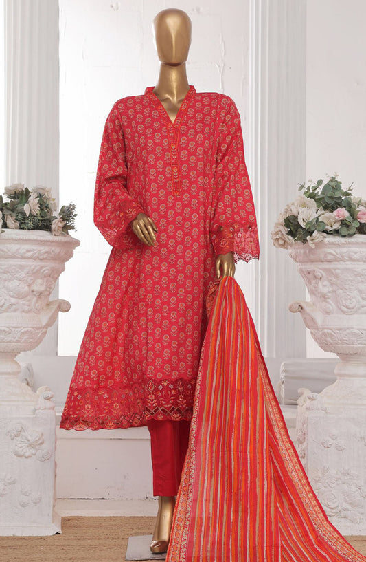 Bin Saeed Embroidered Lawn Stitched 3 Piece Frock - SM-603 - BS25LFV3 - Red - Summer Collection