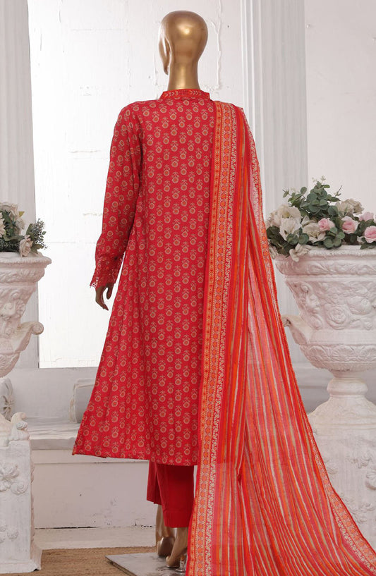 Bin Saeed Embroidered Lawn Stitched 3 Piece Frock - SM-603 - BS25LFV3 - Red - Summer Collection