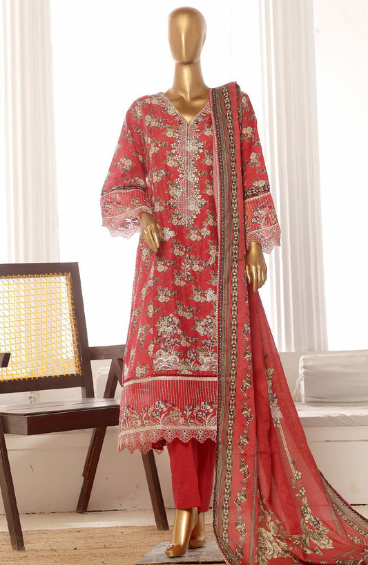 Bin Saeed Embroidered Lawn Stitched 3 Piece Frock - SM-785 - BS25LFV2 - Red - Summer Collection