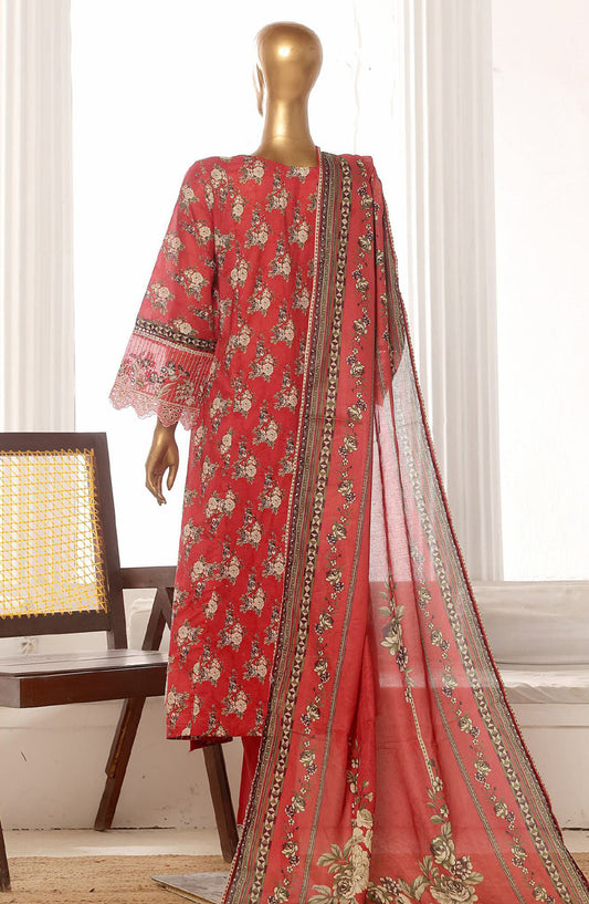 Bin Saeed Embroidered Lawn Stitched 3 Piece Frock - SM-785 - BS25LFV2 - Red - Summer Collection