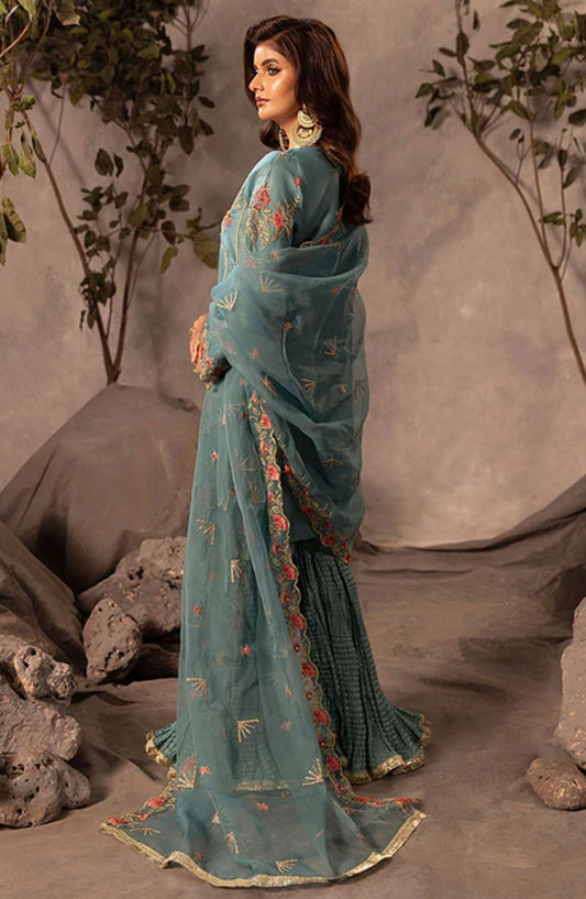 Abrish By Diara Couture Embroidered Organza Stitched 3 Piece Suit - UA-05 Rafia - DC25AB - Aqua - Formal Collection