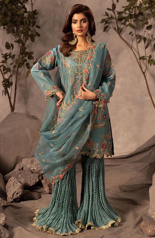 Abrish By Diara Couture Embroidered Organza Stitched 3 Piece Suit - UA-05 Rafia - DC25AB - Aqua - Formal Collection
