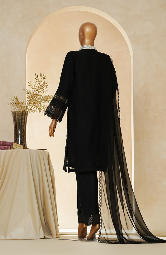 Nyra by Amna Khadija Embroidered Khaddi Net Stitched 3 Piece Suit - AM25NRA - DS BA 01 Mala-D - Black - Festive Collection