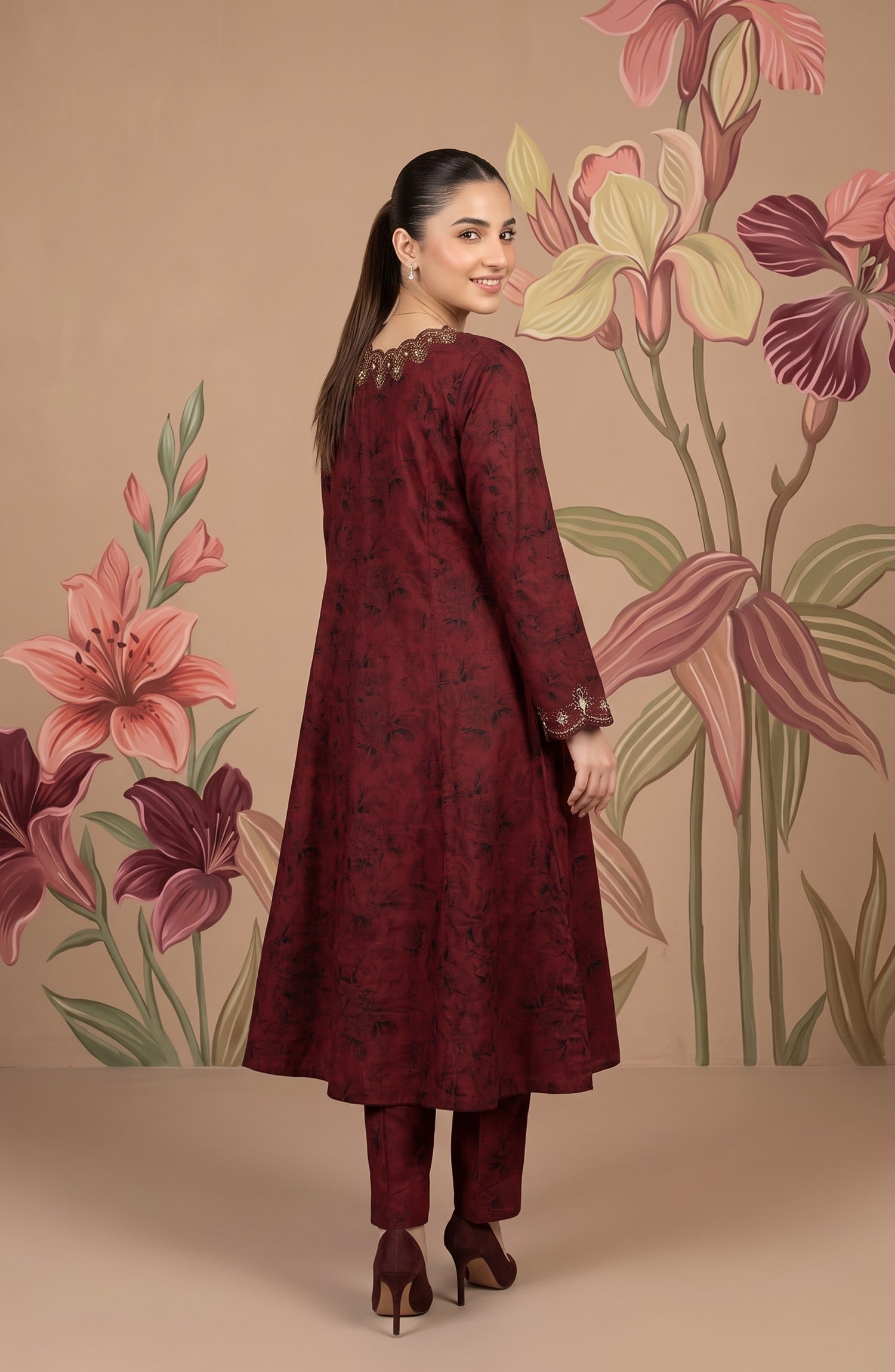 Kashf by Amna Khadija Embroidered Staple Stitched 2 Piece Suit - D-6328 - TF26KF - Maroon - Fancy Collection