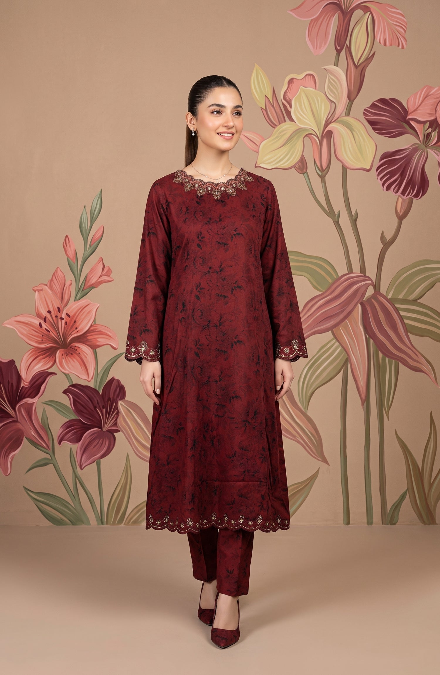 Kashf by Amna Khadija Embroidered Staple Stitched 2 Piece Suit - D-6328 - TF26KF - Maroon - Fancy Collection
