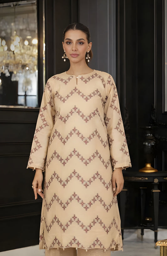 Ayla Printed Lawn Jacquard Stitched 3 Piece Suit - Sahar Lines - AY26ED - Fawn - Eid Collection