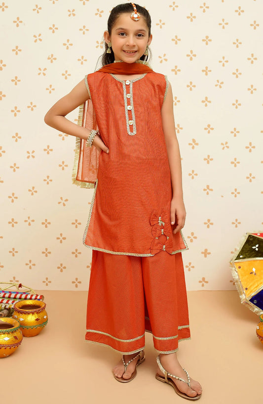 Modest Casual Cotton Stitched 3 Piece Suit - 9130 - MOD25ME - Orange - Girls Summer Collection