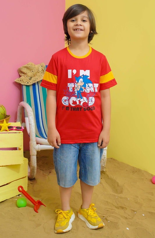 Modest Casual Jersey Stitched T-Shirt - BS2407-Red Sonic Graphic Tee - Red - MOD25STS - Red - Casual Collection