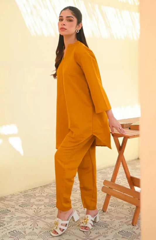 Zauk Casual Raw Silk Stitched 2 Piece Suit - Mustard two piece - ZK25BCS - Mustard - Casual Collection