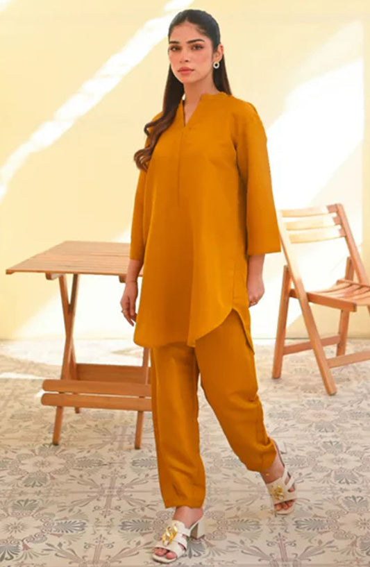 Zauk Casual Raw Silk Stitched 2 Piece Suit - Mustard two piece - ZK25BCS - Mustard - Casual Collection