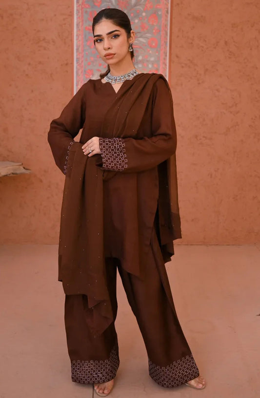 Zauk Casual Rawsilk Stitched 3 Piece Suit - Rosewood - ZK25EE - Brown - Festive Collection