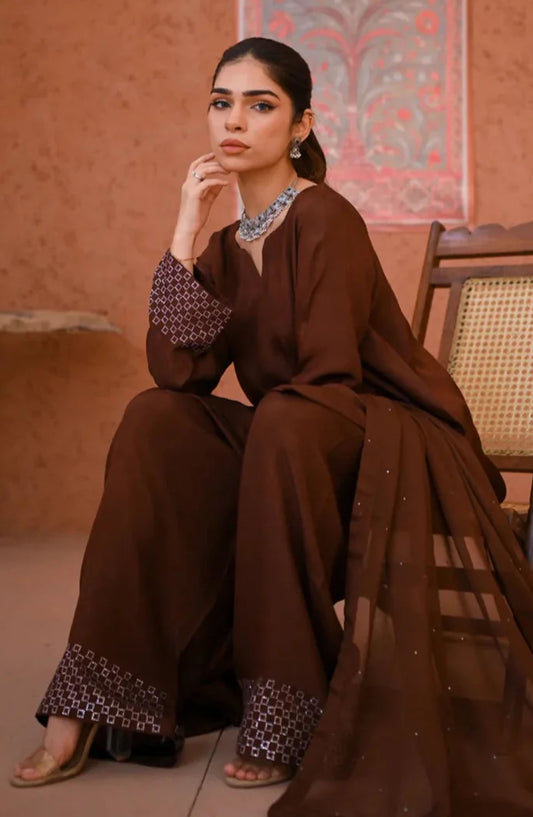 Zauk Casual Rawsilk Stitched 3 Piece Suit - Rosewood - ZK25EE - Brown - Festive Collection