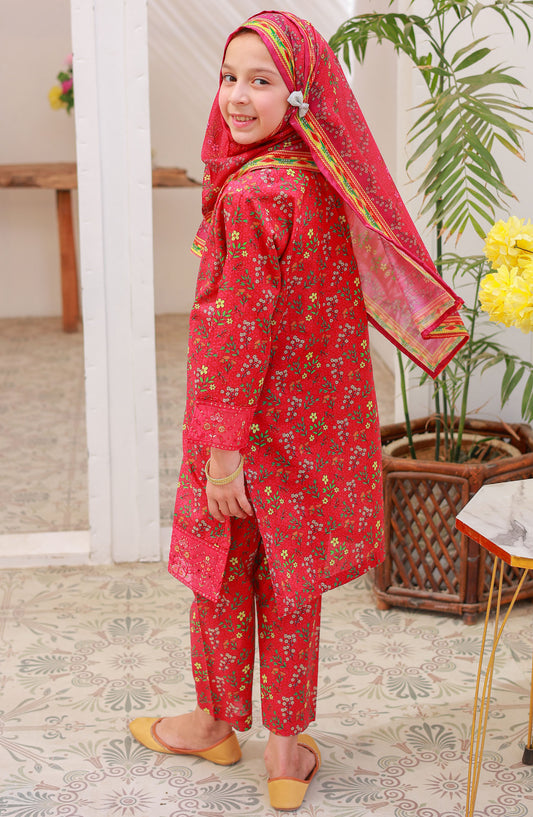 Suntex Fabric Embroidered Lawn Stitched 3 Piece Suit - SH-2538K - SS25EEFE - Red - Girls Eid Collection