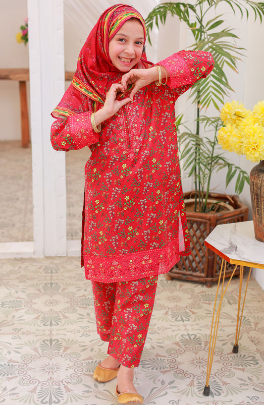 Suntex Fabric Embroidered Lawn Stitched 3 Piece Suit - SH-2538K - SS25EEFE - Red - Girls Eid Collection