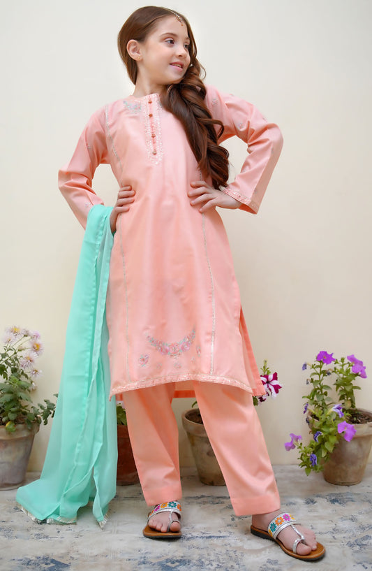 Shanzey Embroidered Cotton Stitched 3 Piece Suit - SHK-3624 - SH25BEF - Peach - Girls Festive Collection