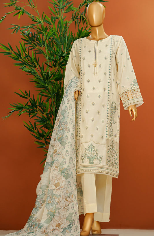 HZ Textile Embroidered Cotton Stitched 3 Piece Suit - SSE-104 Cream - HZ25MUV1 - Off White - Summer Collection