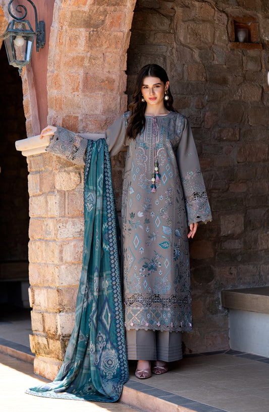 Florent Serenity Embroidered Karandi Unstitched 3 Piece Suit - 05 Sia - FL26SNT - Grey - Winter Collection