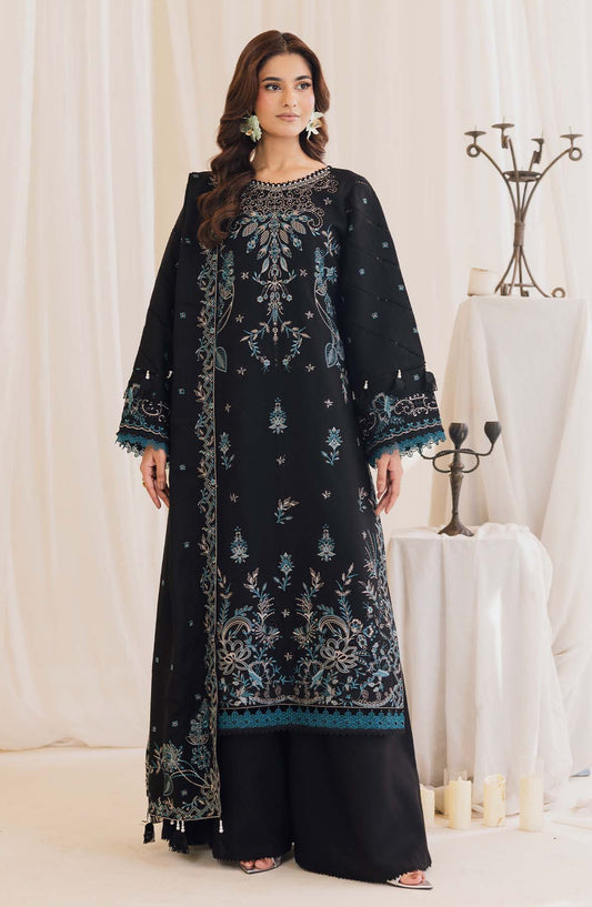 Peridot Embroidered Slub Linen Unstitched 3 Piece Suit - 596-B - PT26WT - Black - Winter Collection