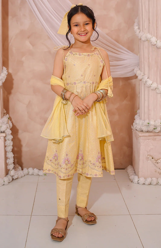 Girls Maysuri Yellow Embroidered Formal Frock - 10740-Ylw - MOD26MT - Festive Collection