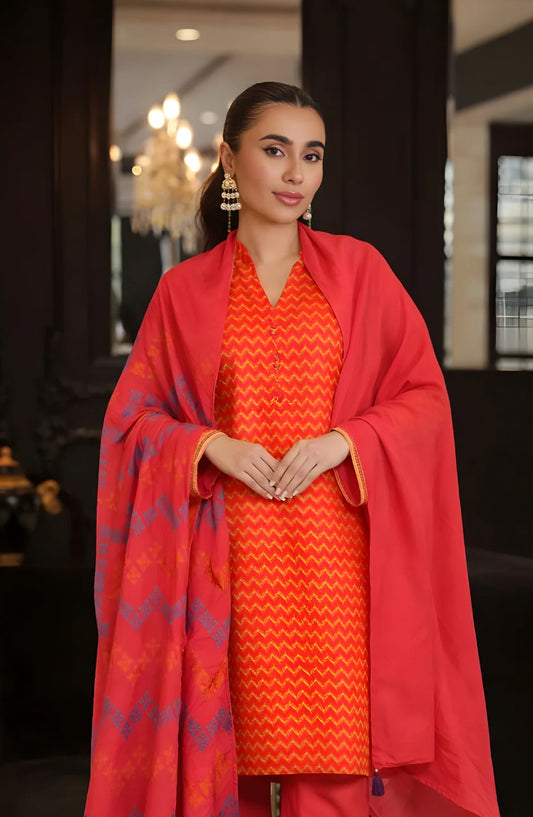 Ayla Printed Lawn Jacquard Stitched 3 Piece Suit - Gulnaar Wave - AY26ED - Orange - Eid Collection