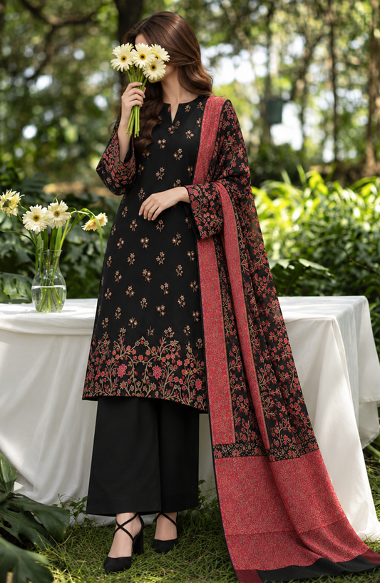 Aveline by Amna Khadija Winter Dyed Wool Printed Unstitched 3 Piece Suit - AKAW-05 - AM26AWE - Black - Winter Collection