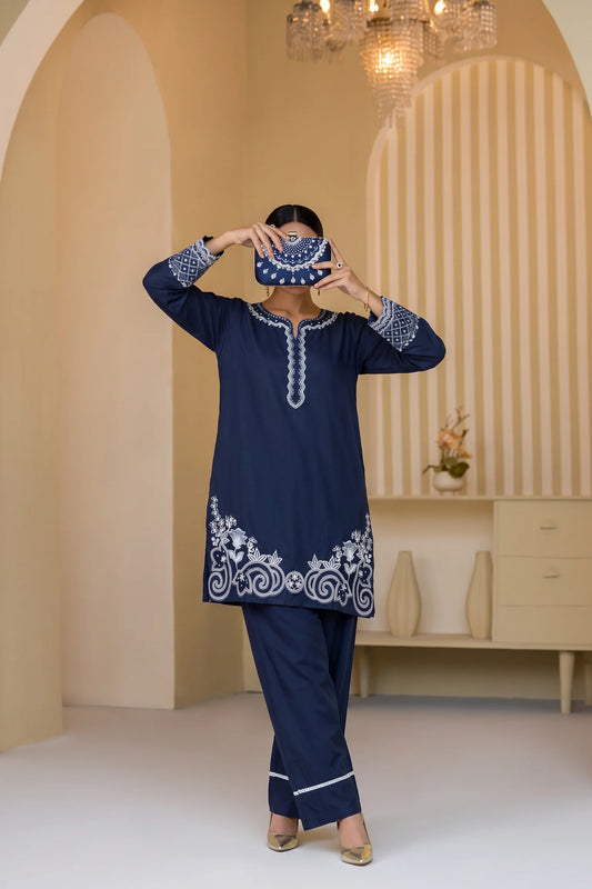 Mulaqaat By Amna Khadija Embroidered Cotton Stitched 2 Piece Co-Ord Set - AKMEC-14 - AM26MULQD3 - Navy Blue - Summer Collection