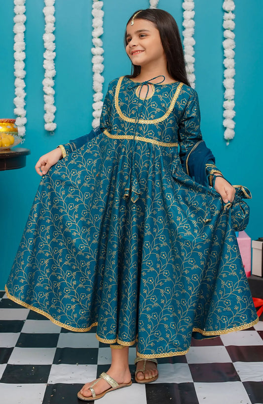 Modest Toddlers Cotton 3 Piece Frock - 9230 - MOD25EKK - Blue - Festive Collection
