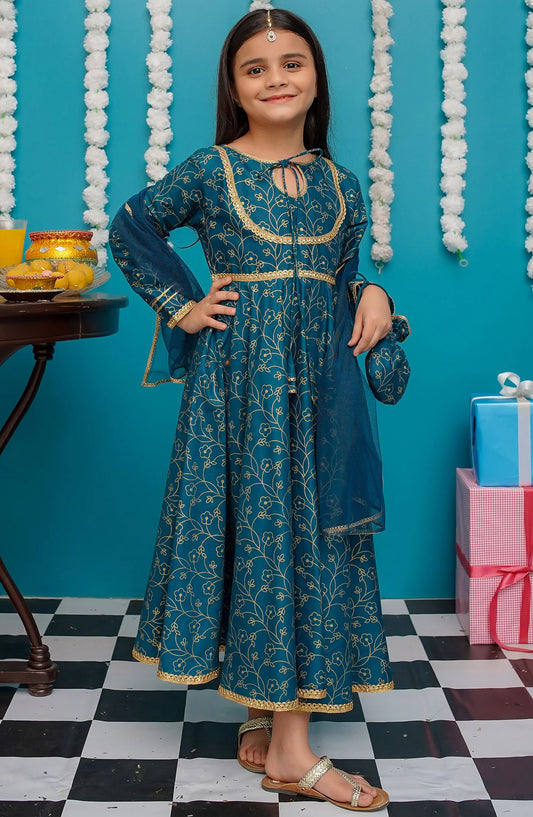 Modest Toddlers Cotton 3 Piece Frock - 9230 - MOD25EKK - Blue - Festive Collection