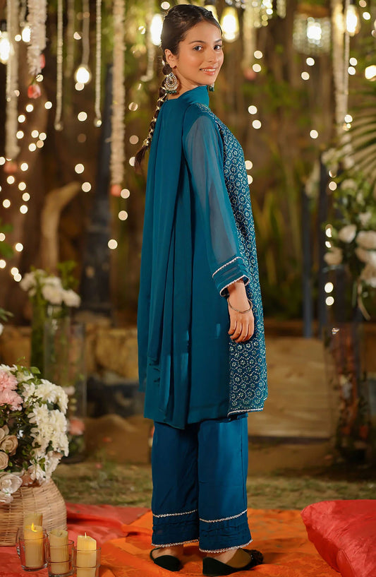Chiffon Embroidered 3 Piece Suit - EM-57 - OCH25GFS - Blue - Casual Collection
