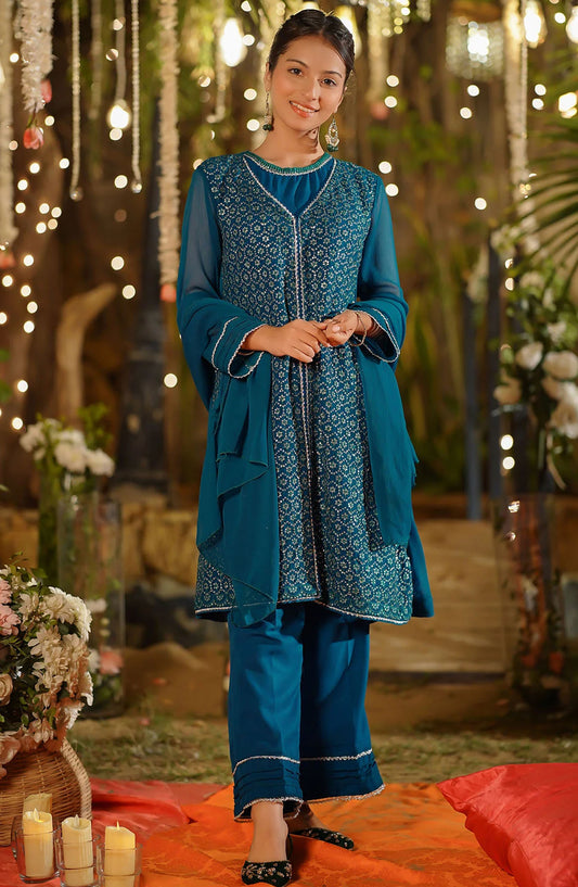Chiffon Embroidered 3 Piece Suit - EM-57 - OCH25GFS - Blue - Casual Collection