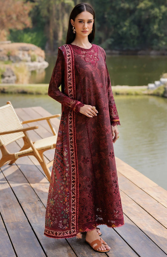 Xenia Embroidered Lawn Unstitched 3 Piece Suit - Reem - XF25LL - Maroon - Summer Collection