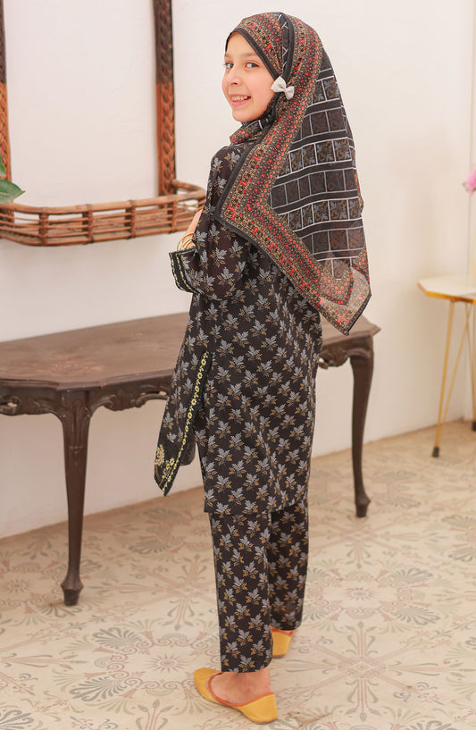Suntex Fabric Embroidered Lawn Stitched 3 Piece Suit - SH-2539K - SS25EEFE - Black - Girls Eid Collection