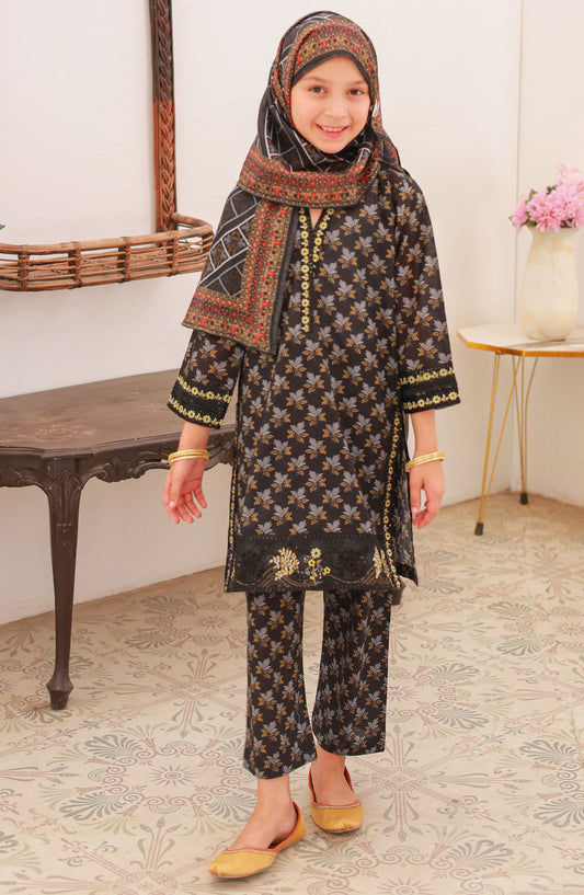 Suntex Fabric Embroidered Lawn Stitched 3 Piece Suit - SH-2539K - SS25EEFE - Black - Girls Eid Collection