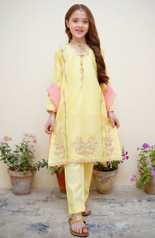 Shanzey Embroidered Cotton Stitched 3 Piece Suit - SHK-3625 - SH25BEF - Yellow - Girls Festive Collection