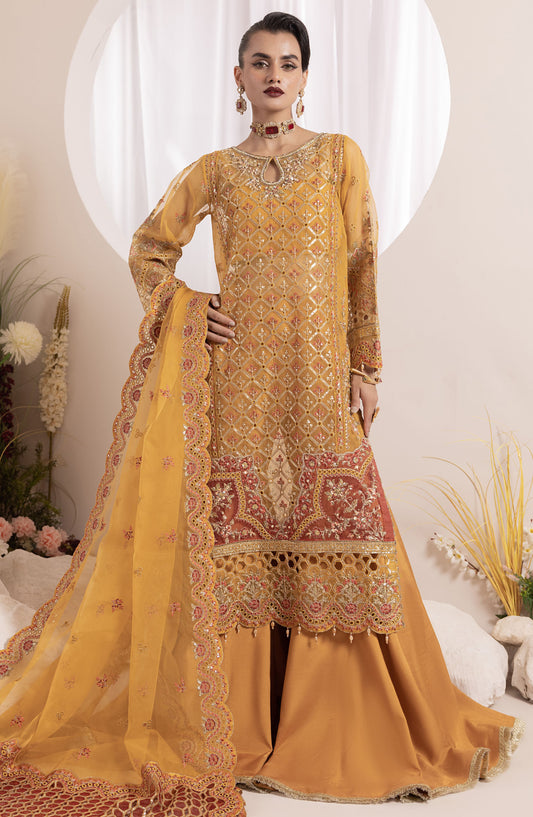 Aaraish by Diara Couture Embroidered Organza Stitched 3 Piece Suit - US-646 ZAFIA - DC25AA - Mustard - Formal Collection